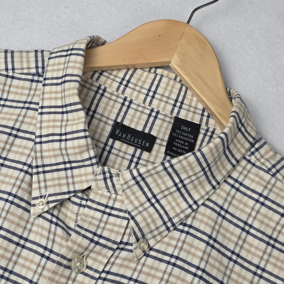 Van‎ Heusen Mens Short Sleeve Shirt 3XLT Brown Blue Plaid Pocket Cotton/Poly - Picture 1 of 16
